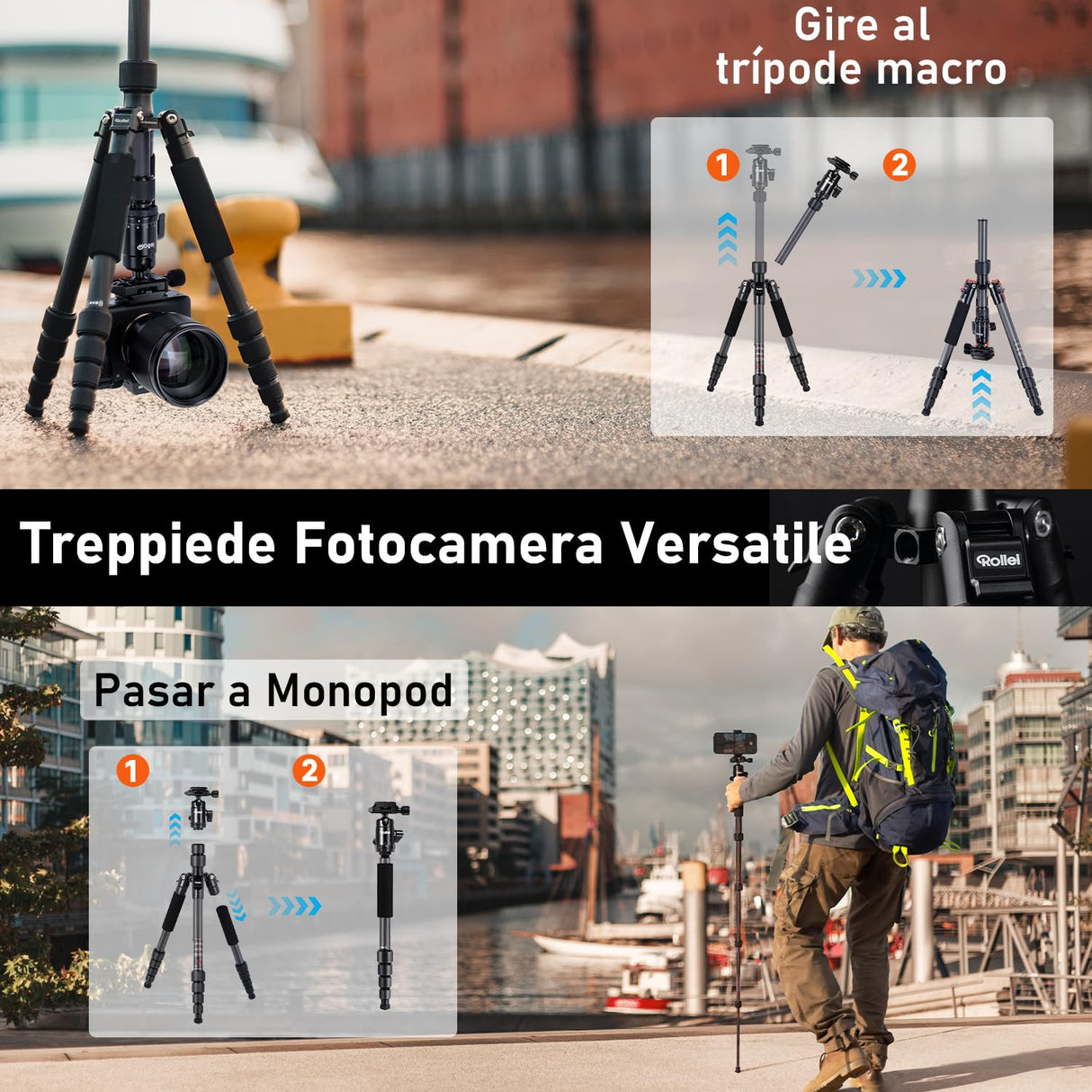 Rollei Tripode Camara Portátil Negro, 145cm Compact Traveler No.1 Carbon Trípode de Viaje Ligero con Soporte para Teléfono y Rótula de Bola 8kg Carga para Movil y Camara, Trípode-Cámara-Viaje-Tripod