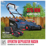 Güde Cortacésped con batería RM 36-402-30.37 (36 V (2 x 18 V) sin escobillas, corte de 370 mm, altura de corte de 6 niveles, saco de recolección de hierba de 35 l, cuña para mantillo, incluye 2