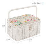 Hobby Gift Costurero ovalado grande, aspecto de algodón y lino, diseño bordado 'Ma Couture', laterales y asa de mimbre, bandeja interior, bolsillo y alfiletero, 23,5x31,5x16cm