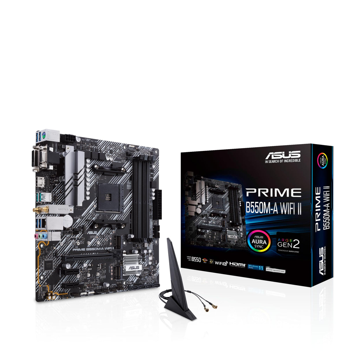 ASUS Prime B550M-A WiFi II - Placa Base Micro-ATX AMD B550 (2X M.2, PCIe 4.0, Wi-Fi 6, 1 GB Ethernet, HDMI, DVI-D, D-Sub, SATA 6 Gbps, USB 3.2 Gen. 2 de Tipo A y Conectores Aura Sync RGB)