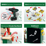 Theo Klein 8734 Banco de Trabajo de Madera de Bosch y Banco de Trabajo Resistente para niños, Regulable en Altura y Taladro inalámbrico eléctrico, Herramientas con Efectos de luz y Sonido