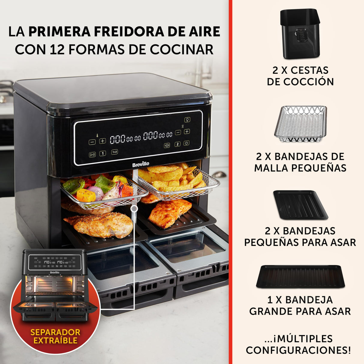 Breville Freidora de aire Halo Flexi | Horno con freidora de aire doble digital | 11 L Air Fryer: +10 raciones | Fríe, hornea, asa y calienta | 2400 W | Negro [VDF130X]