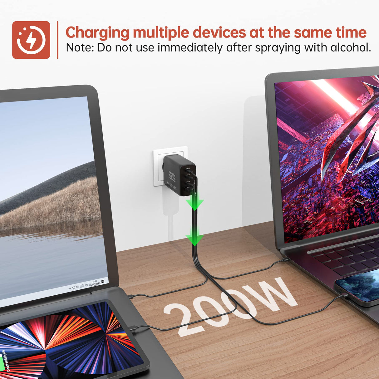 Rosaking Cargador USB C 200W,Cargador Rápido GAN III Tech,4 Puertos Cargador Rapido USB C para MacBook Air,Cargador Compatible con Samsung Galaxy Book
