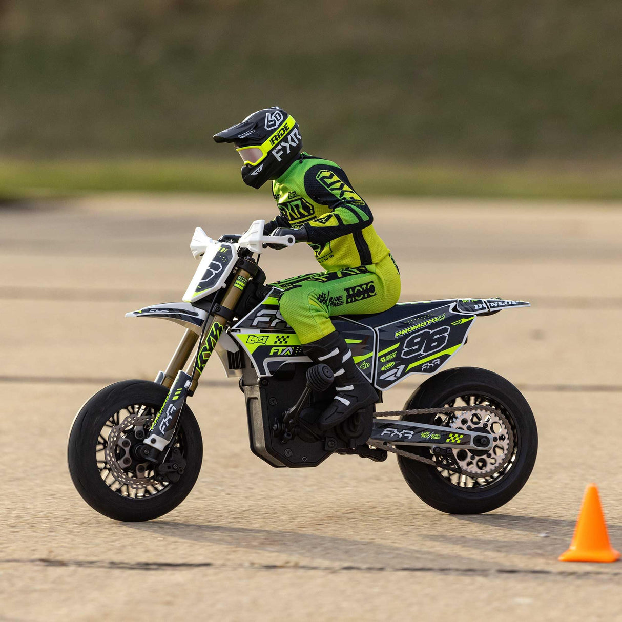 LOSI 1/4 Promoto-SM FXR Supermoto Moto teledirigida RTR con Volante Stabi Amortiguador 3 Modos de conducción sin escobillas Cadena Embrague Incluye batería y Cargador