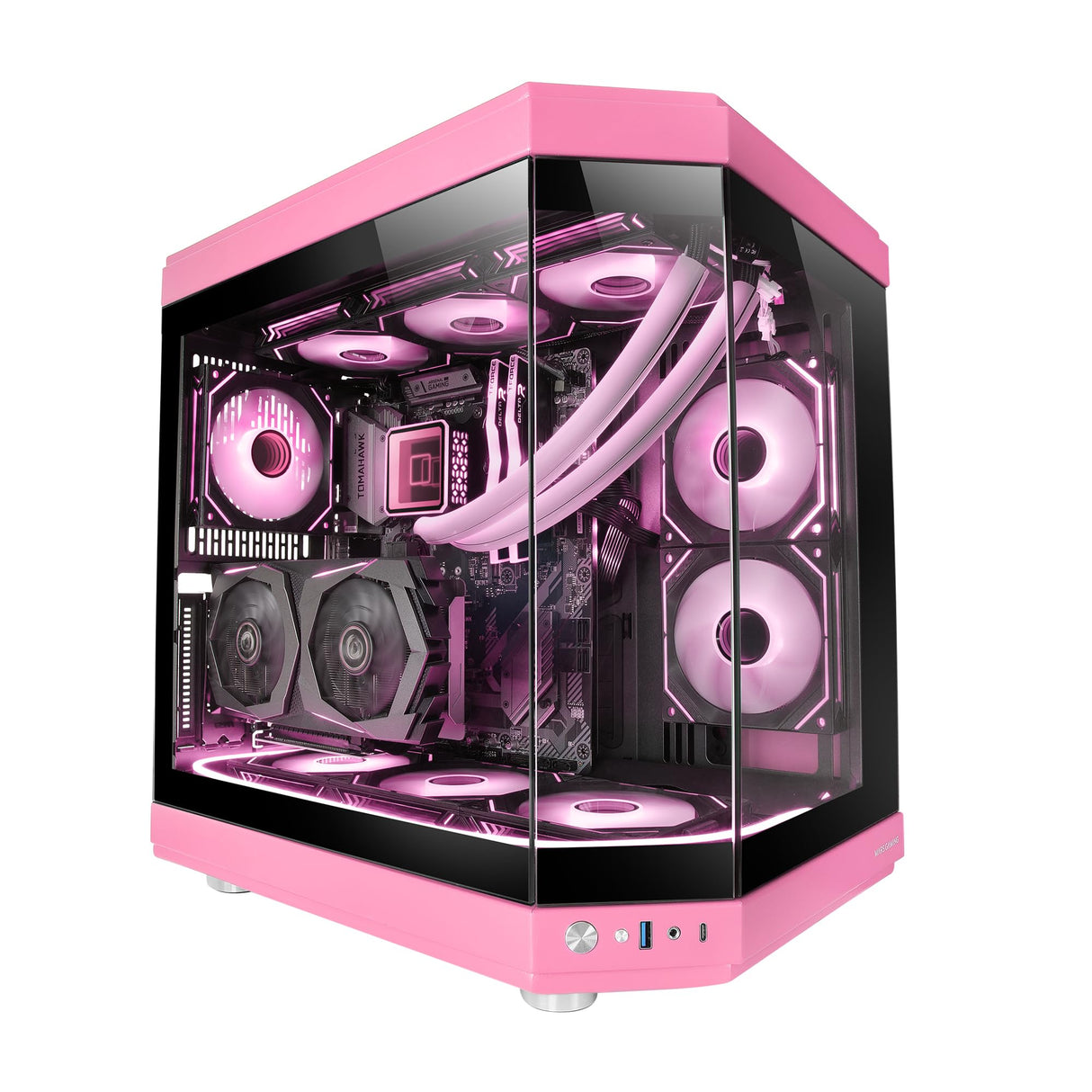 Mars Gaming MC-3T, Caja Gaming Custom ATX, Triple Ventana Cristal Templado Continuo, Soporte Refrigeración Líquida Completo, Cámara Dual Lateral, 3X Slots PCI Verticales, USB-C y USB 3.0, Rosa