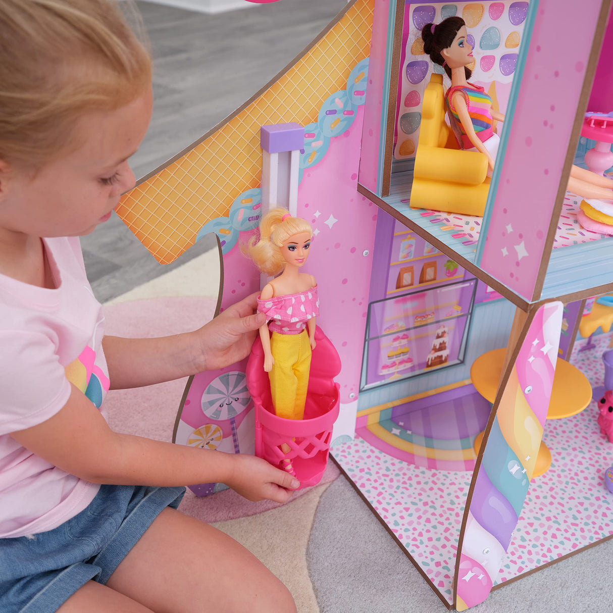 KidKraft Casa de Muñecas de Madera Castillo de Caramelo con Muebles y Accesorios, Casita con Figura de Lama Unicornio, para muñecas de 30 cm, Juguetes niños y niñas 3+ años (20242)