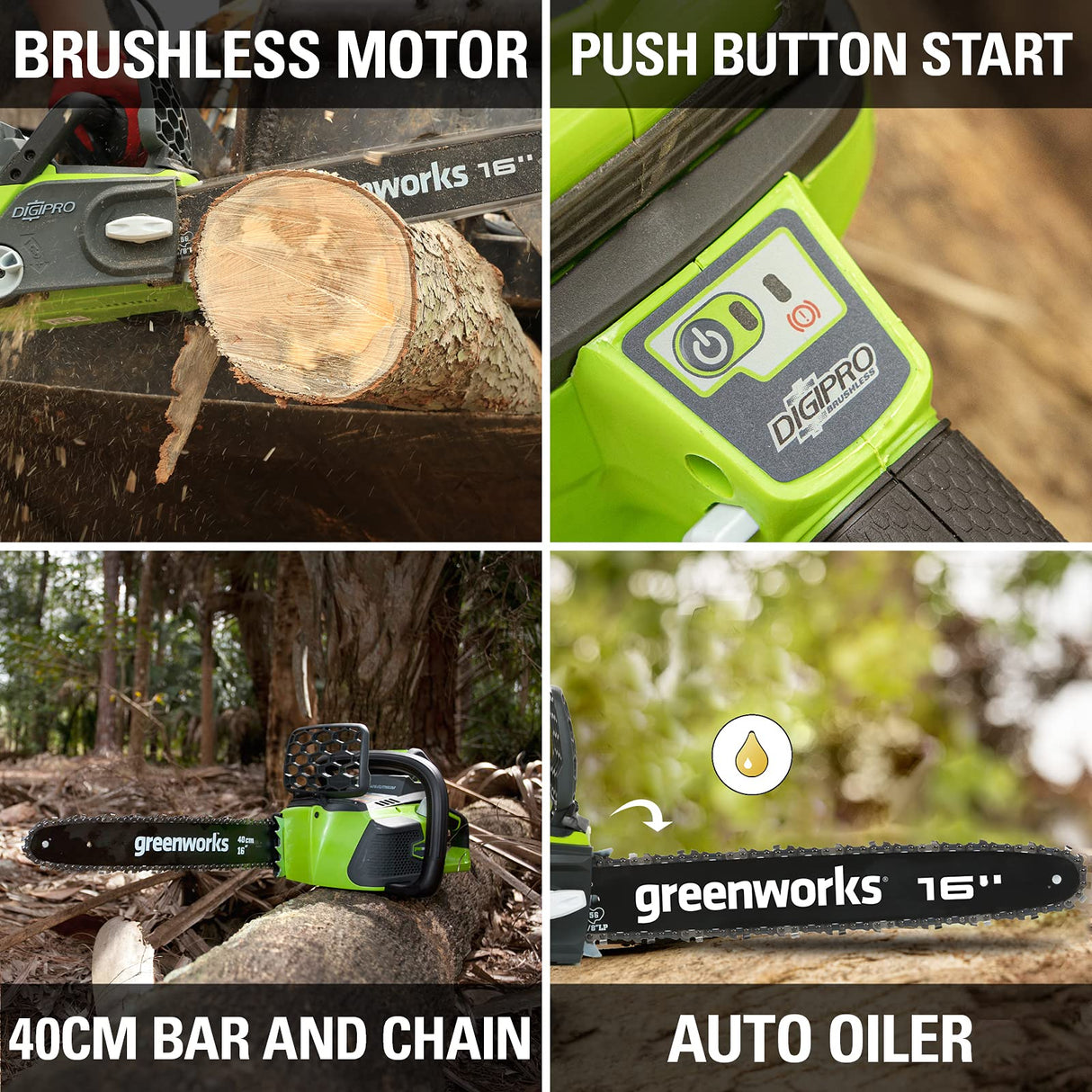 Greenworks Motosierra de batería GD40CS40 (Li-Ion 40V 11 m/s velocidad cadena 40cm longitud de espada 180ml volumen del depósito de aceite potente motor brushless sin batería y cargador)