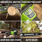 Greenworks Motosierra de batería GD40CS40 (Li-Ion 40V 11 m/s velocidad cadena 40cm longitud de espada 180ml volumen del depósito de aceite potente motor brushless sin batería y cargador)