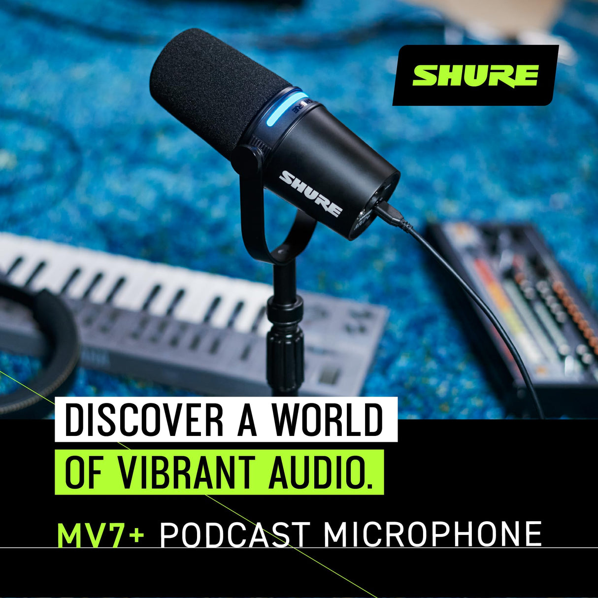Shure MV7+ Micrófono para Podcast con Soporte de micrófono-Audio Mejorado, Panel táctil LED, Salidas USB-C y XLR, Modo de nivelación automática, Filtro Pop Digital, Efectos de reverberación - Negro