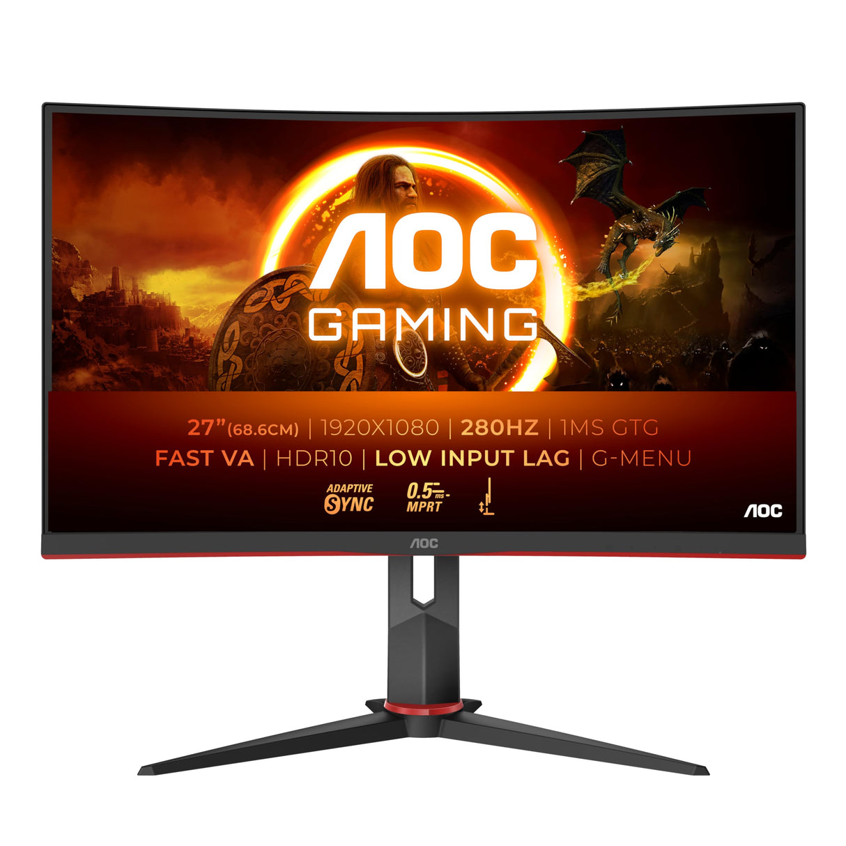 AOC C27G4ZXE Monitor Gaming 27 Pulgadas FHD Curvo, 280Hz, Fast VA, 1 ms GtG, Adaptive Sync., HDR10, FreeSync Premium (1920x1080, 2X HDMI 2.0, 1x DP 1.4), Negro/Gris