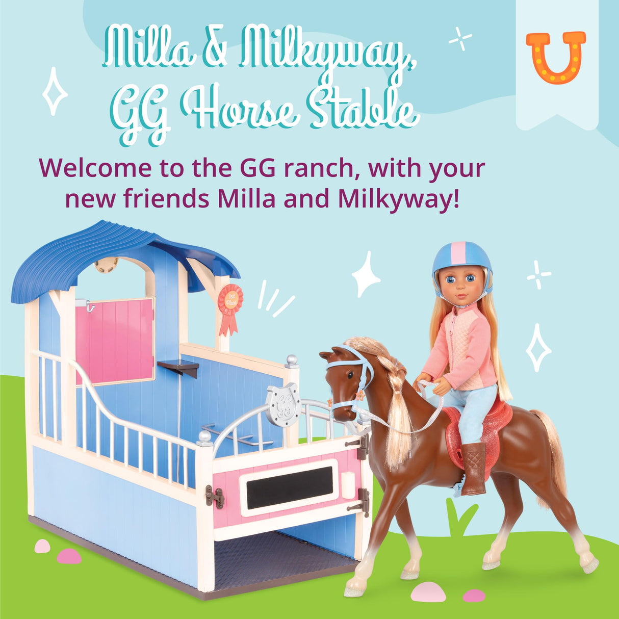 Glitter Girls - Milla & Milkyway, Establo - Muñeca de 14 pulgadas y set ecuestre - Pelo rubio y ojos azules, crin rubia - Muñeca, caballo, conjunto de establo - 3 años +