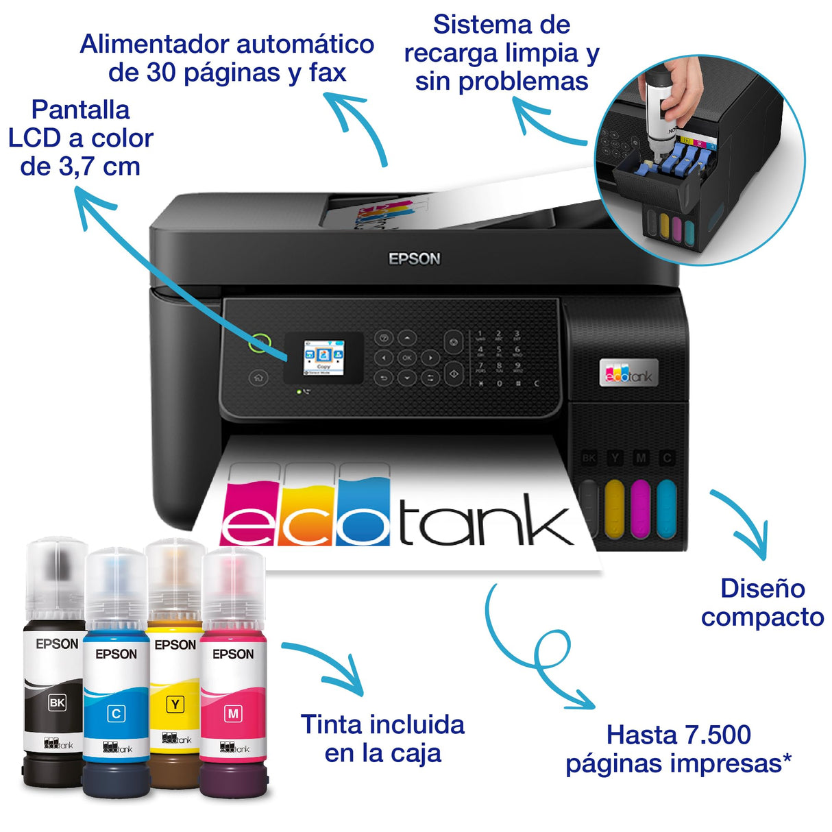 Impresora multifunción EcoTank ET-4800 A4 con depósito de tinta, conexión Wi-Fi y hasta 3 años de tinta incluida