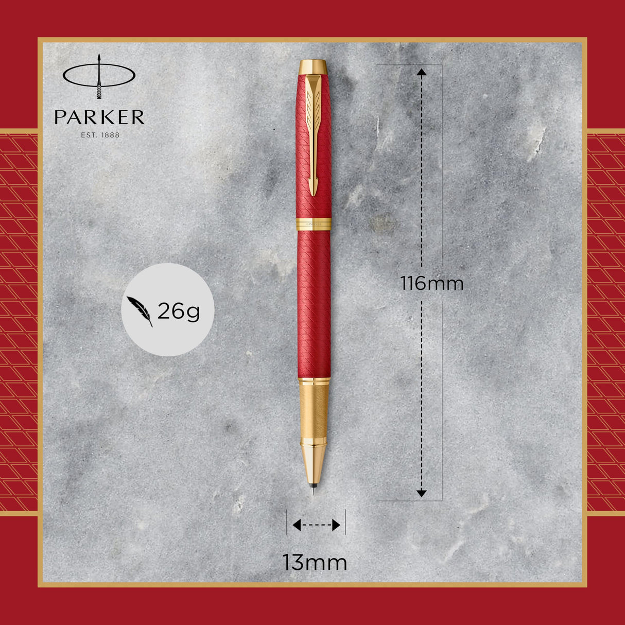 Parker IM bolígrafo roller | Lacado en rojo Premium con adornos dorados | Punta fina con recambio de tinta negra | Estuche de regalo