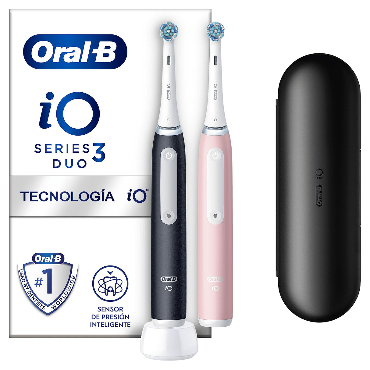Oral-B iO 3 Cepillos De Dientes Eléctricos (Pack de 2) Con 2 Cabezales, 1 Estuche De Viaje, Diseñado Por Braun, Regalos Originales para Mujer y Hombre - Negro Y Rosa
