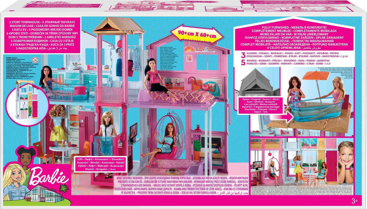 Barbie Supercasa, casa de muñecas con Accesorios , con Cuatro Habitaciones, terraza en la azotea, Detalles realistas, Piscina y Muebles, DLY32