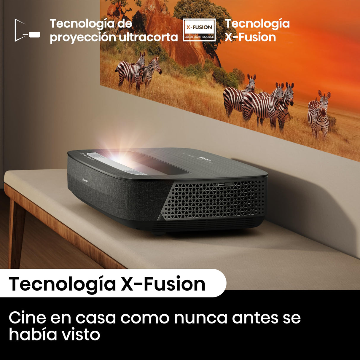 Hisense PL2 - Proyector Laser UHD 4K Smart TV de Tiro Corto, de 80 a 150 Pulgadas, 2400 lumenes, HDR10, Contraste Nativo 3000:1, Dolby Vision, Dolby Atmos, Smooth Motion, Mando Solar