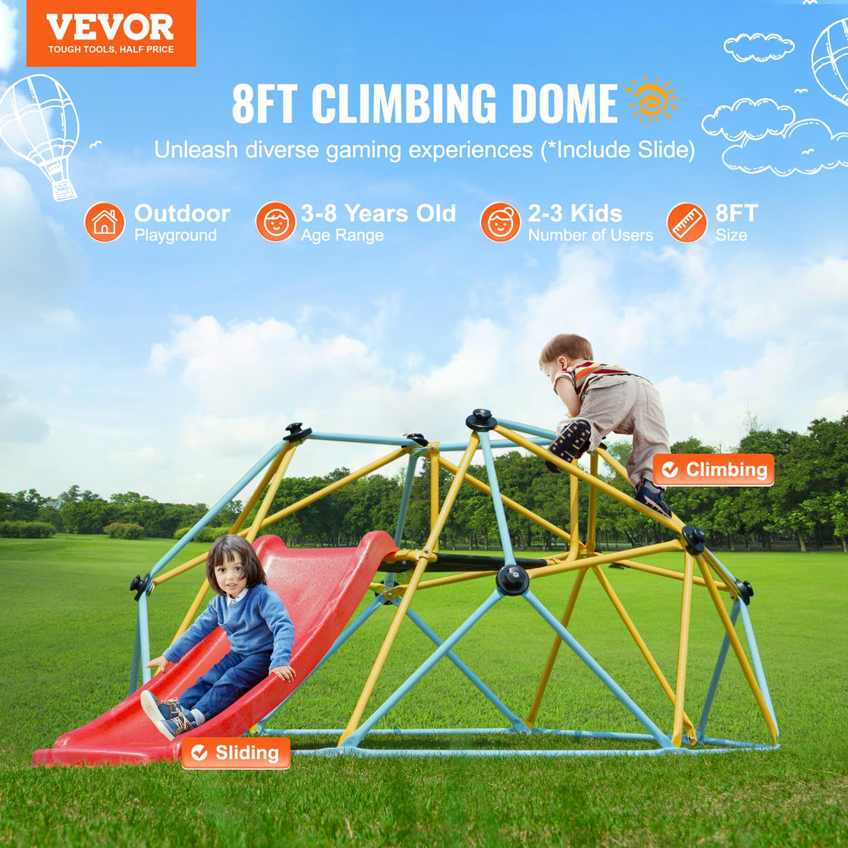 VEVOR- Escalador de cúpula, Color Blue+Yellow, 72 x 96 x 36 in / 183 x 244 x 91.5 cm (8FT Climbing Dome)