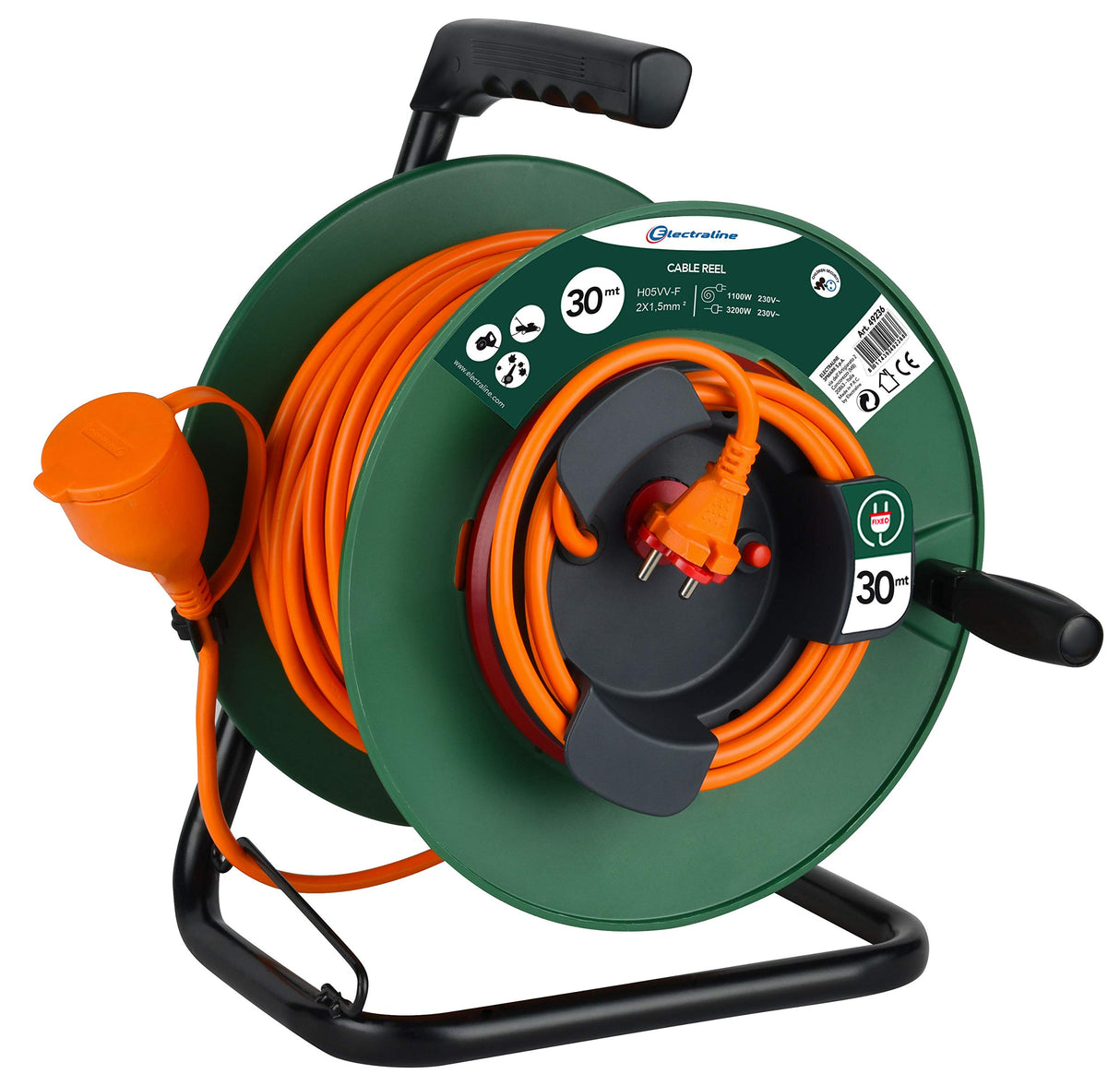 Electraline 49236 Alargador de jardín con enrollacables 30 Mt, enchufe y toma Europea 2 polos, apto para Electrodomésticos de jardinería, con protección y Platin Fix, sección Cable 2x1,5 mm2