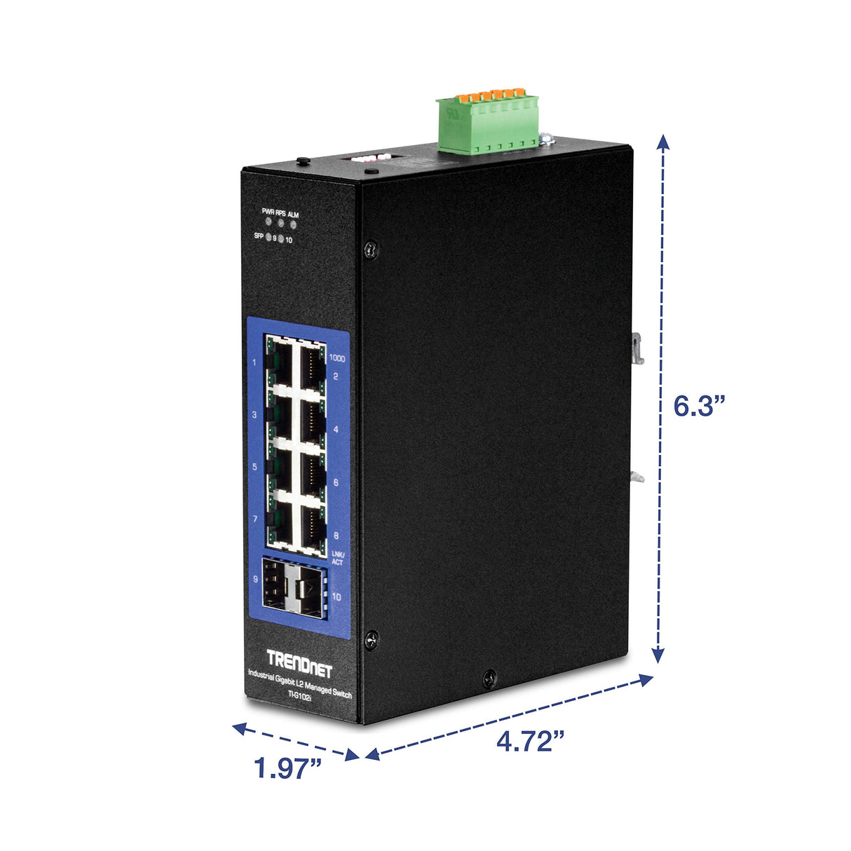 TRENDnet, TI-G102i, Conmutador DIN-Rail Industrial Gigabit L2 Administrable de 10 Puertos, 8 Gigabits, 2 SFP, Montaje en Riel DIN, IP30, Divisor Ethernet, Negro