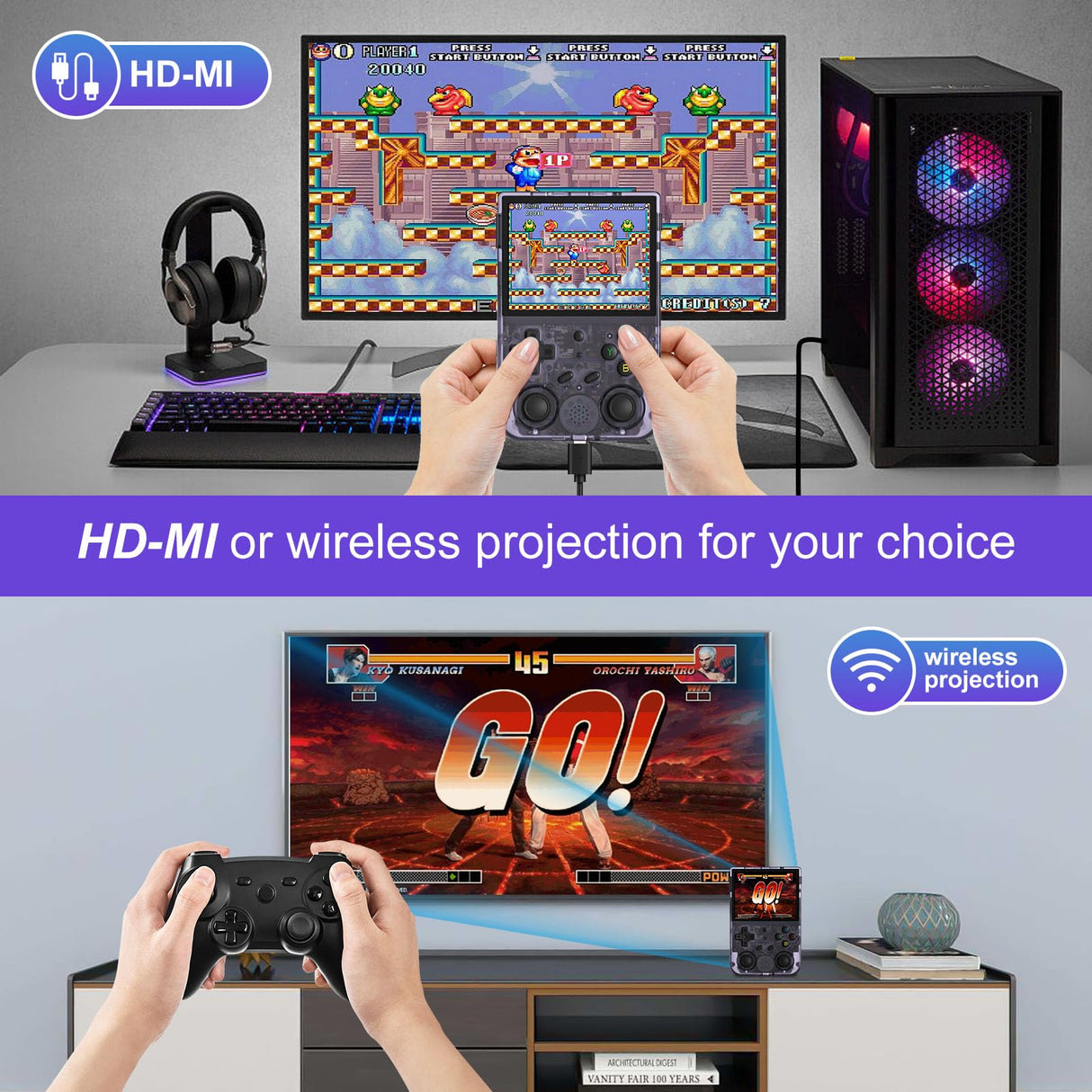 RG353V Pocket Console pantalla táctil IPS de 3,5 pulgadas, Dual OS Android 11 and Linux System, Support 5G WiFi 4.2 Bluetooth Moonlight Streaming HDMI Output Built-in 64G SD Card (Morado Transparente)