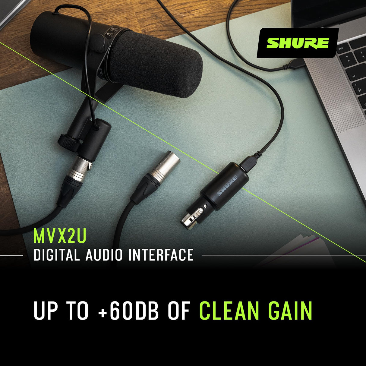 Interfaz digital Shure MVX2U XLR a USB con conector para auriculares, preamplificador integrado con control de ganancia de 60dB, monitorización sin latencia, alimentación fantasma de 48V
