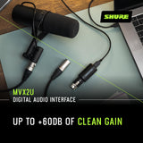 Interfaz digital Shure MVX2U XLR a USB con conector para auriculares, preamplificador integrado con control de ganancia de 60dB, monitorización sin latencia, alimentación fantasma de 48V