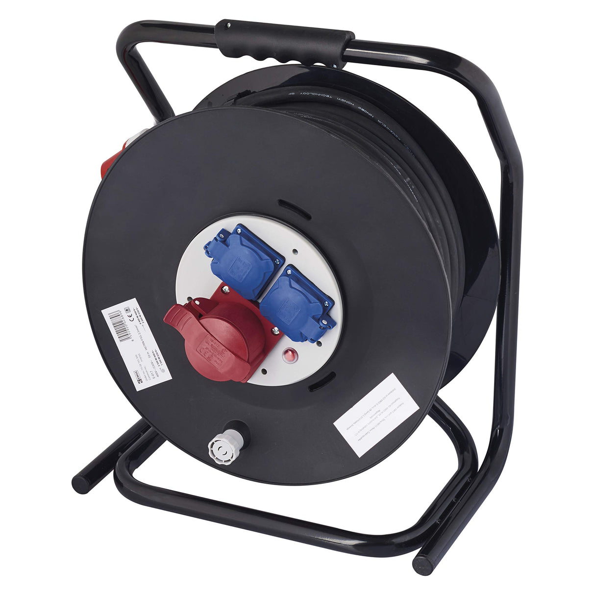 EMOS - Tambor de Cable CEE 33m - 3 Tomas (1 CEE, 2 Schuko) - Resistente al Agua - 230 V/400 V, 15 A, 2500 W/6400 W - Aislamiento de Goma - H07RN-F 2,5 mm2 - IP44 para Exteriores y Camping