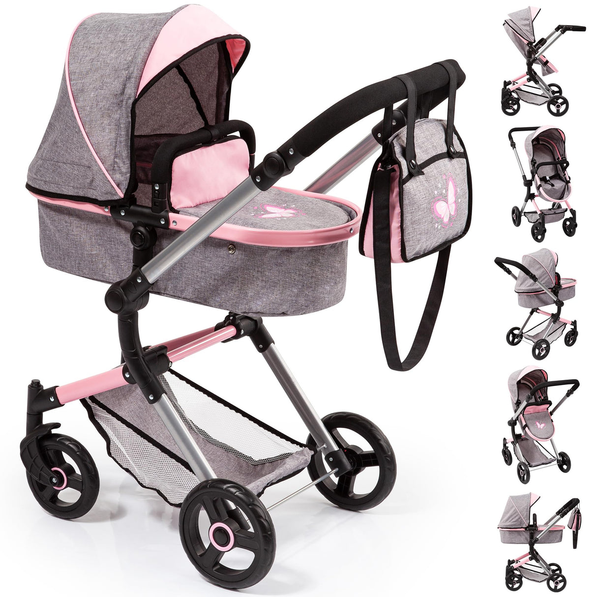 Bayer Design- Cochecito de Muñecas Neo Vario Combolso Cambiador, Convertible, Plegable, Color Vaqueros Grises, Rosa, Mariposa (18433Aa)