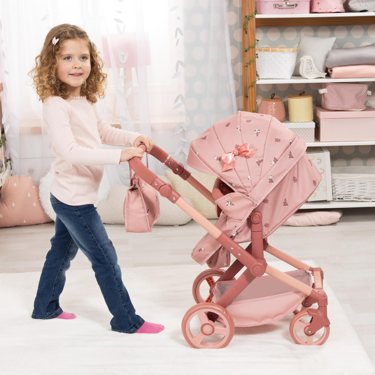 Bayer Design 17026AA Cochecito de muñeca Xeo, Carro para muñecos, Bolsa, Convertible, Regulable en Altura