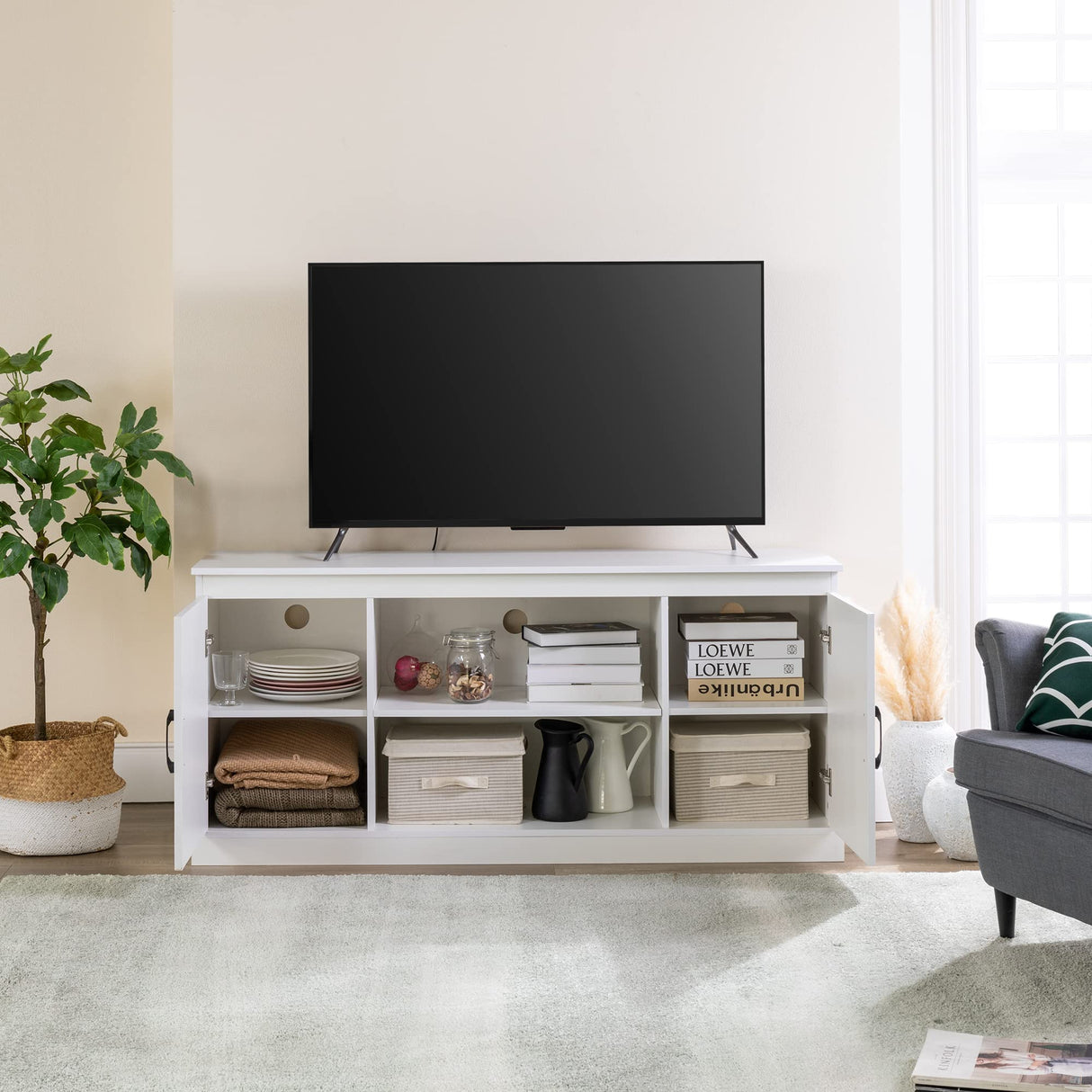 Zinus Wade Mueble TV - Mueble TV 147x67x40 cm - Unidad con mueble de almacenamiento - Blanco