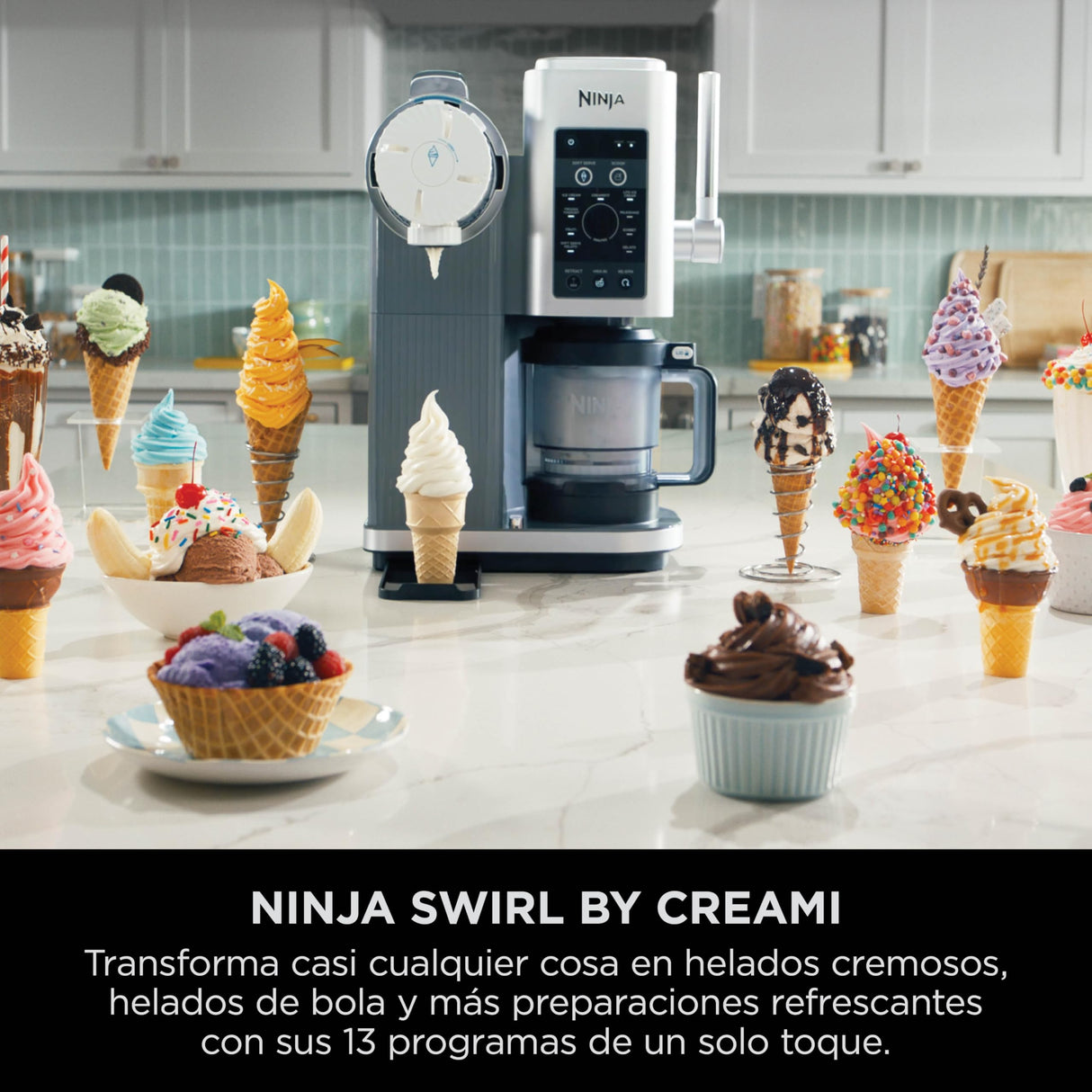 Ninja Swirl by CREAMi máquina de helados y máquina de yogurt helado con 2 tarrinas, 13 funciones, prepara helado, helado cremoso, gelato, sorbete, batido y más, opción de extras, Plata, NC701EU