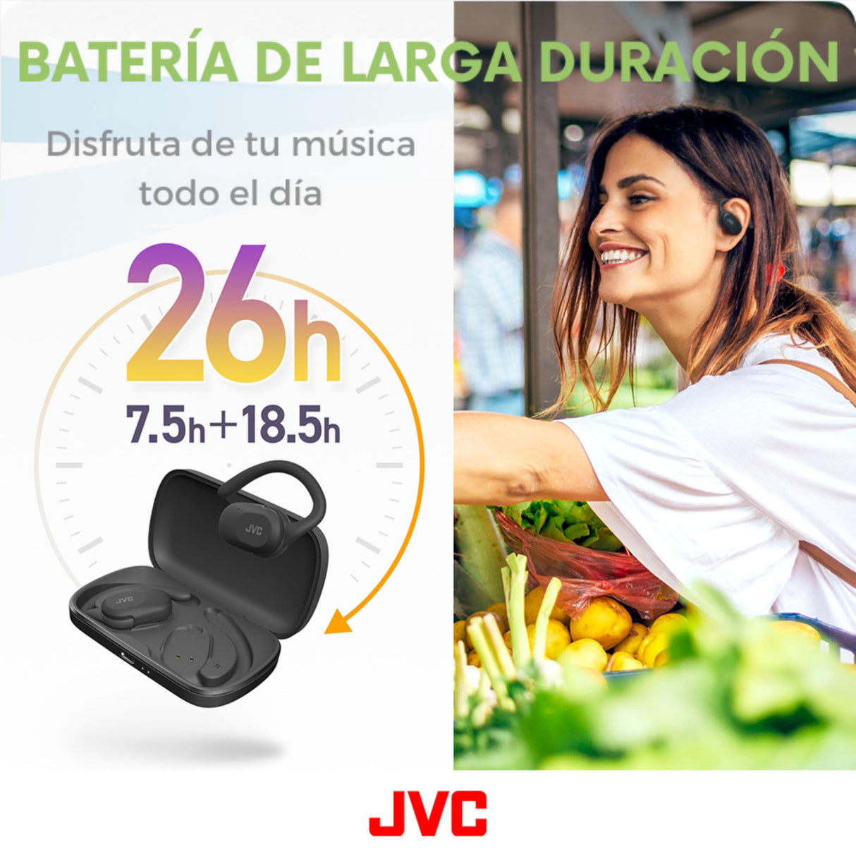 JVC Auriculares Inalámbricos Bluetooth | 26h de Batería y Carga Rápida | Oido Abierto | Ligeros y Resistentes a Salpicaduras | Ideales para el Deporte y Control Táctil - HA-NP40T (Negro)
