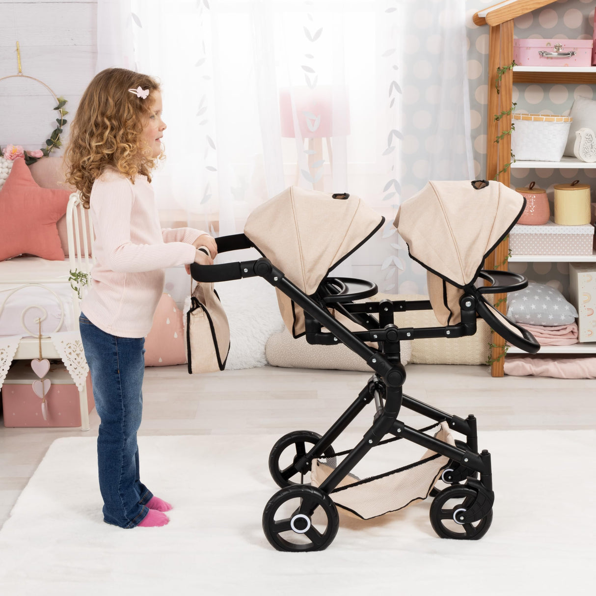 Bayer Design 26275AA Cochecito de muñeca gemelas, Carrito Paseo para muñecos, Ajustable en Altura, Plegable, con Bolsa