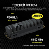 Corsair MP600 Pro XT 8TB Gen4 PCIe x4 NVMe M.2 SSD - Velocidades de Lectura y Escritura secuencial de hasta 7.000 MB/s y 6.100 MB/s, TLC NAND de Alta Densidad – Disipador Térmico de Aluminio - Negro