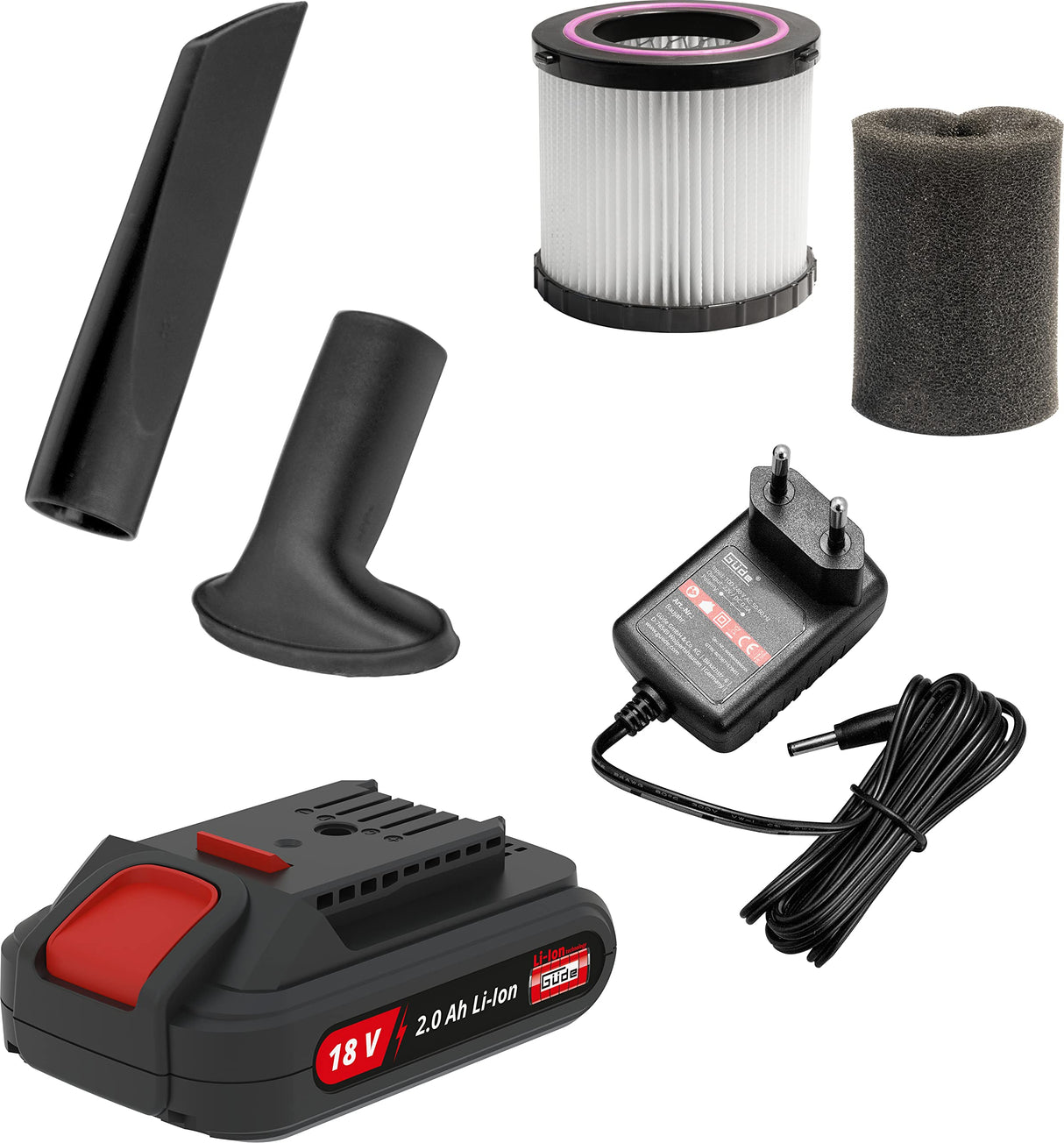 Güde NTST 18-201-05 - Aspirador en seco con batería (depósito de 18 V, 10 L, 4 ruedas, boquilla para suelo y juntas, filtro, incluye batería de 2,0 Ah y cargador)