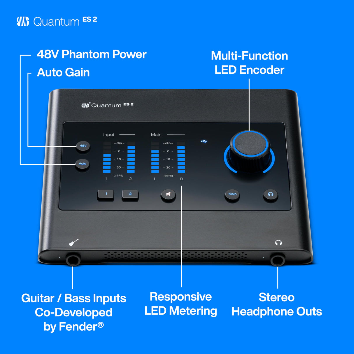 PreSonus Quantum ES 2 Interfaz de Audio USB-C, 2x2, 24-bit/192kHz con Preamplificadores MAX-HD y Software Studio One+