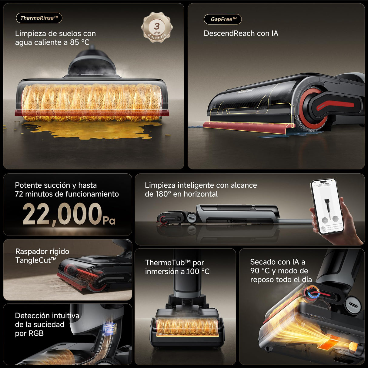 DREAME H15 Pro Heat Aspirador en Seco y Húmedo, Limpia con Agua a 85 °C, Brazo Robot GapFree IA, Detecta por RGB, 22K Pa, 0 Enredos, Lava el Cepillo a 100 °C, Seca a 90 °C en 5 min, Navega con la App