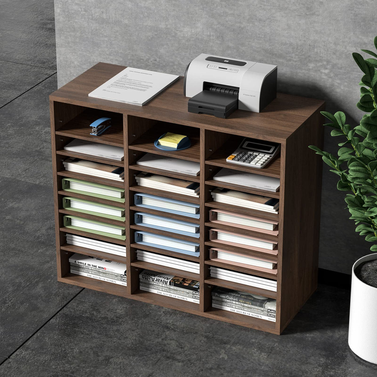 VEVOR Organizador de Literatura de madera Aglomerado Estante de Almacenamiento de Documentos de 24 Compartimentos 73,7x30,5x62 cm Clasificador de Literatura con Estantes Ajustables para Oficina Marrón
