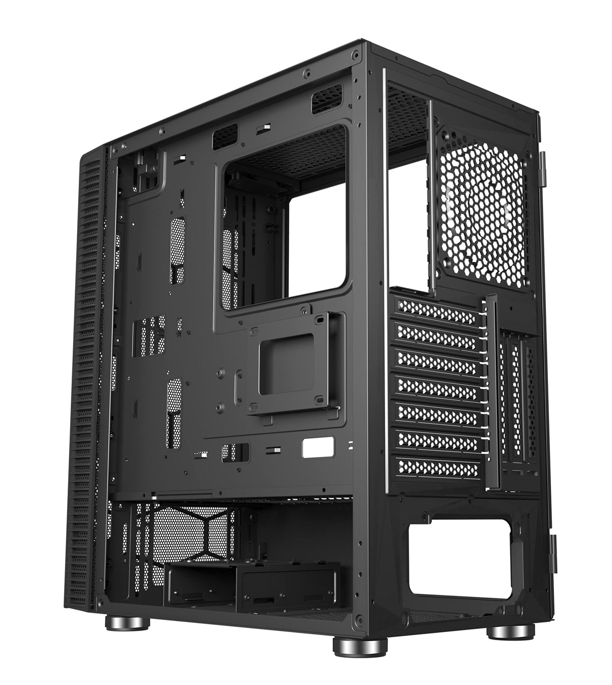 SaharaGaming P44 - Carcasa de Malla Negra y Vidrio Templado sin Ventilador ni concentrador, Compatible con E-ATX, ATX, Micro-ATX e ITX