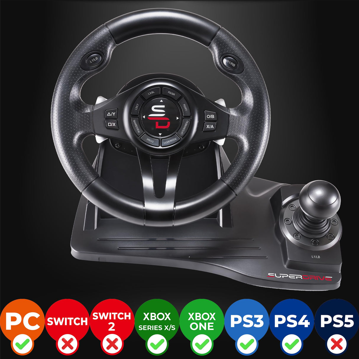 Subsonic Volante Superdrive GS550 Racing con pedales, levas de cambio, palanca de cambios y vibración para Switch, Xbox Serie X/S, PS4, Xbox One y PC (programable para todos los juegos)