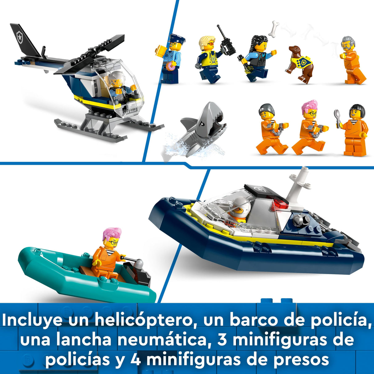 LEGO City Isla Prisión de la Policía, Regalo de Cumpleaños para Niños y Niñas de 7 Años o Más, Helicóptero, Barco, Lancha y Cárcel de Juguete, 7 Minifiguras y Figuras de Animales Perro y Tiburón 60419