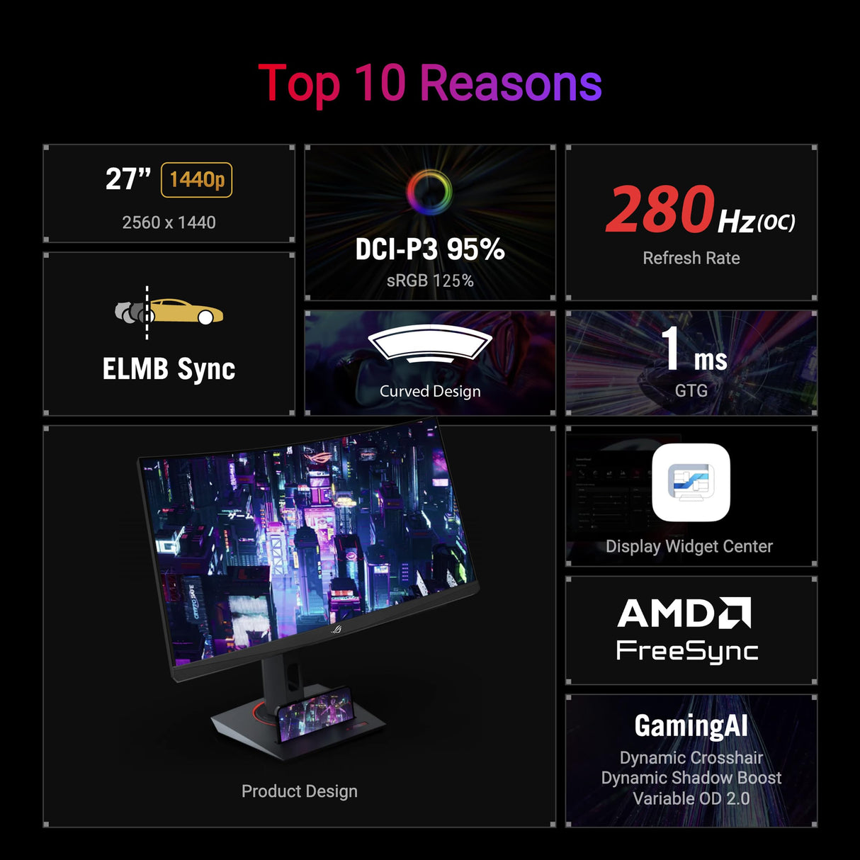 ASUS ROG Strix XG27WCMS Monitor Gaming, USB Tipo-C de 27 Pulgadas, 2560 x 1440, Curvo, 280 Hz overclock, 1 ms GTG, ELMB, USB Tipo-C, FreeSync Premium, DisplayWidget Center, Toma para trípode, HDR