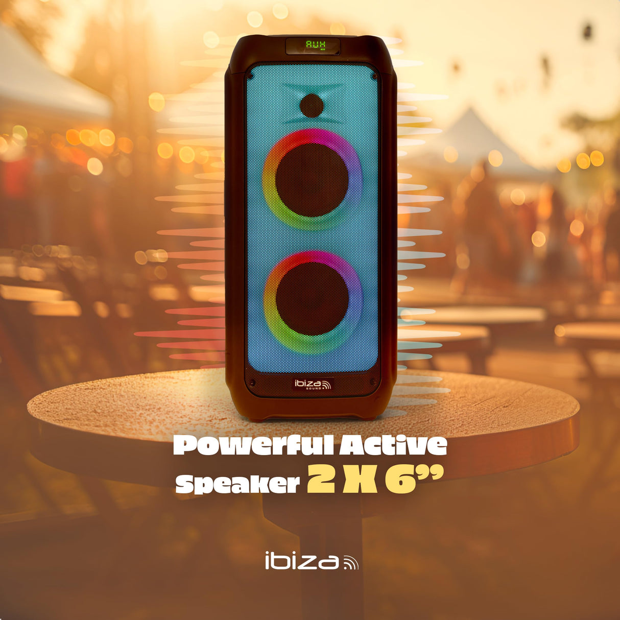 Ibiza - WAVE6 - Altavoz a pilas de 250W/2x5.25" con Bluetooth, USB y microSD - Efecto LED WAVE y conexión inalámbrica TWS - Negro