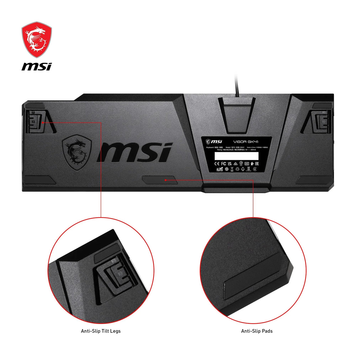 MSI Vigor GK41 Teclado Gaming Mecánico FR - Switches Kailh Red (lineales), Teclas Ergonómicas, Base Antideslizante, 6 LED de Color Fijo/10 Zonas de Iluminación, Mystic Light, USB 2.0 - Tamaño completo
