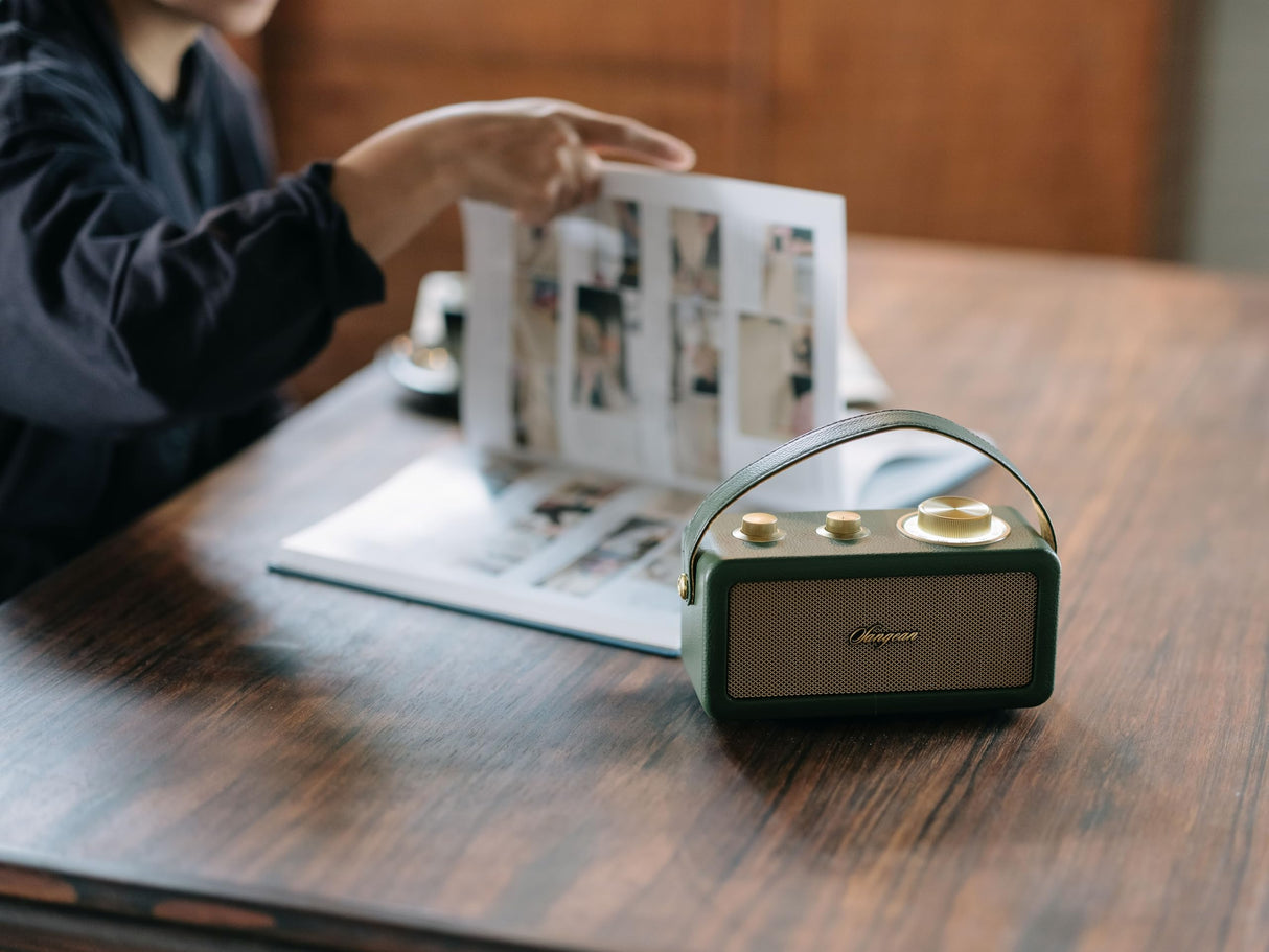 SANGEAN RA-101 Forest Gold/Altavoz PORTÁTIL. Diseño Retro de Madera y Piel sintética. Bluetooth 5.0. Autonomía 19 Horas con una Carga Completa. AUX-in para Fuentes de Audio externas.