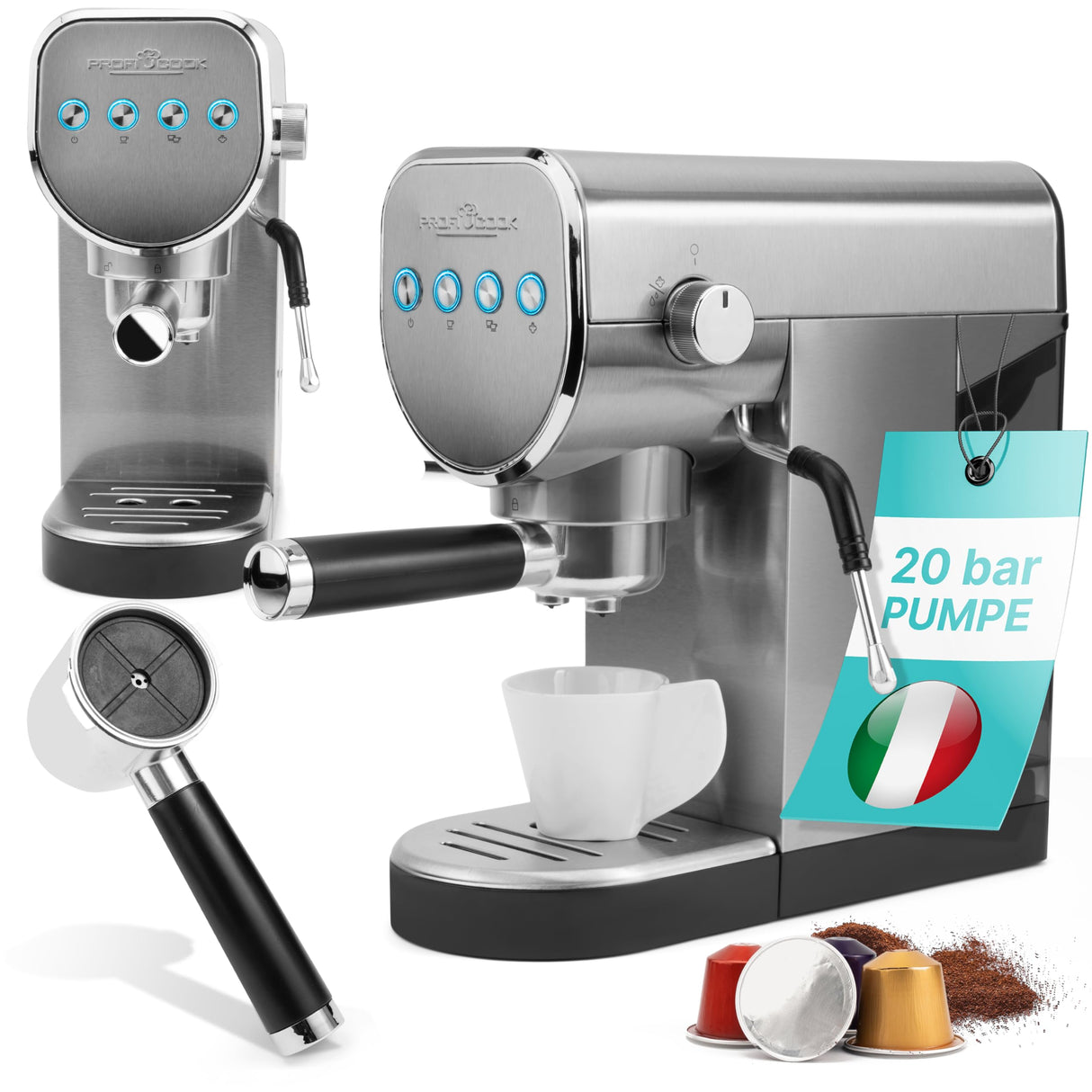 Profi Cook PC ES 1265 - Cafetera 2 en 1 | Cápsulas de café y polvo espresso | Máquina portafiltro 20 bar bomba italiana | Incluye boquilla espumador de leche | Portafiltros para café espresso