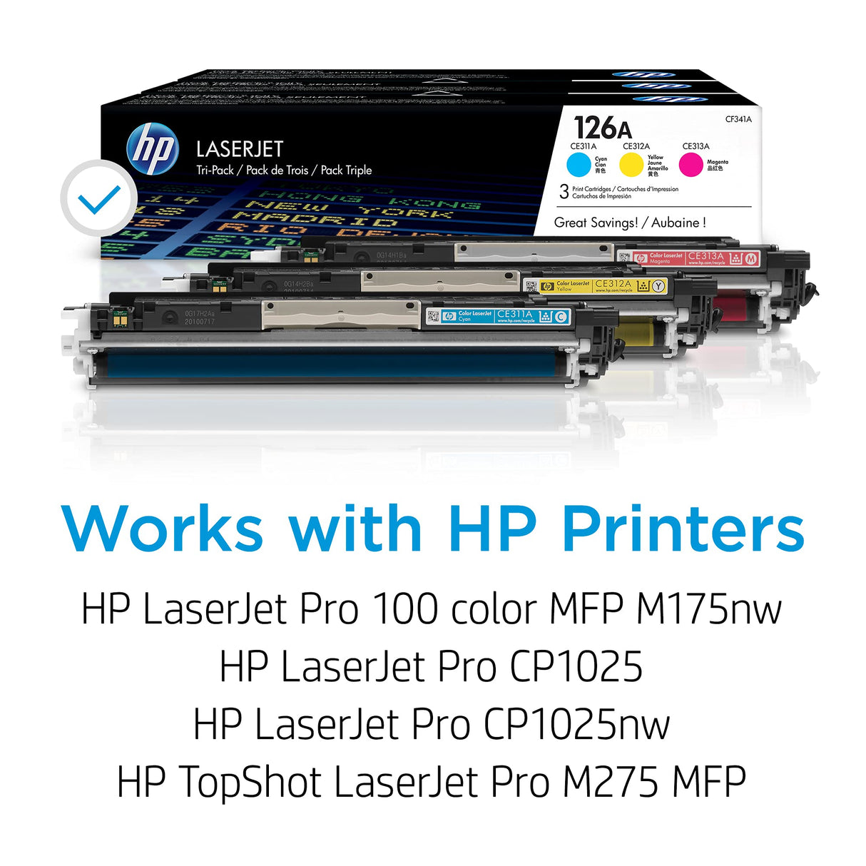 HP 126A CE310AD, Cian, Amarillo y Magenta, Cartuchos Tóner Originales, Pack de 3, para impresoras HP LaserJet Pro serie CP1020, CP1025, TopShot M275 y 100 Color MFP 175