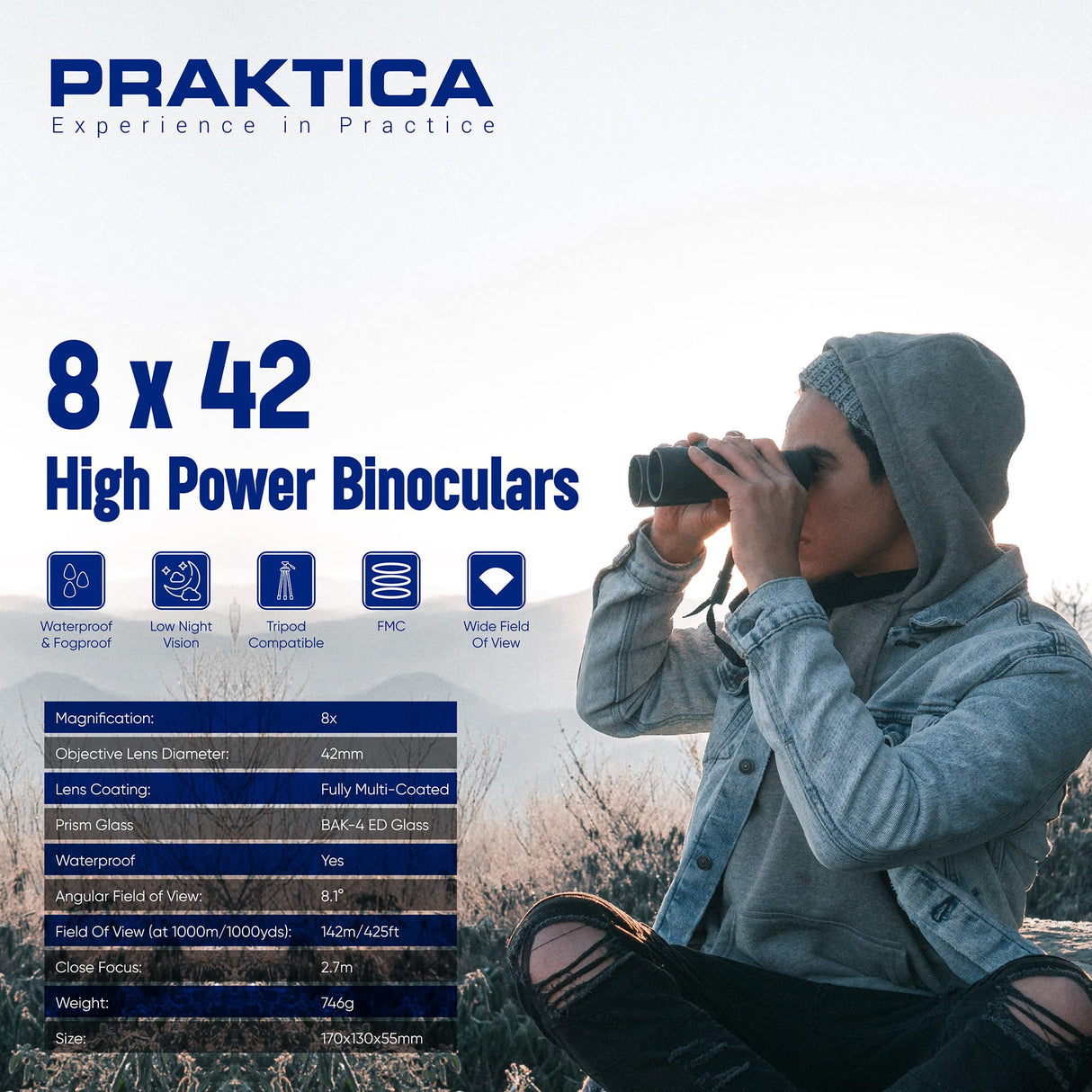 Praktica 8 x 42 mm Resistente al Agua Ambassador Prismáticos con Ed Cristal – Verde