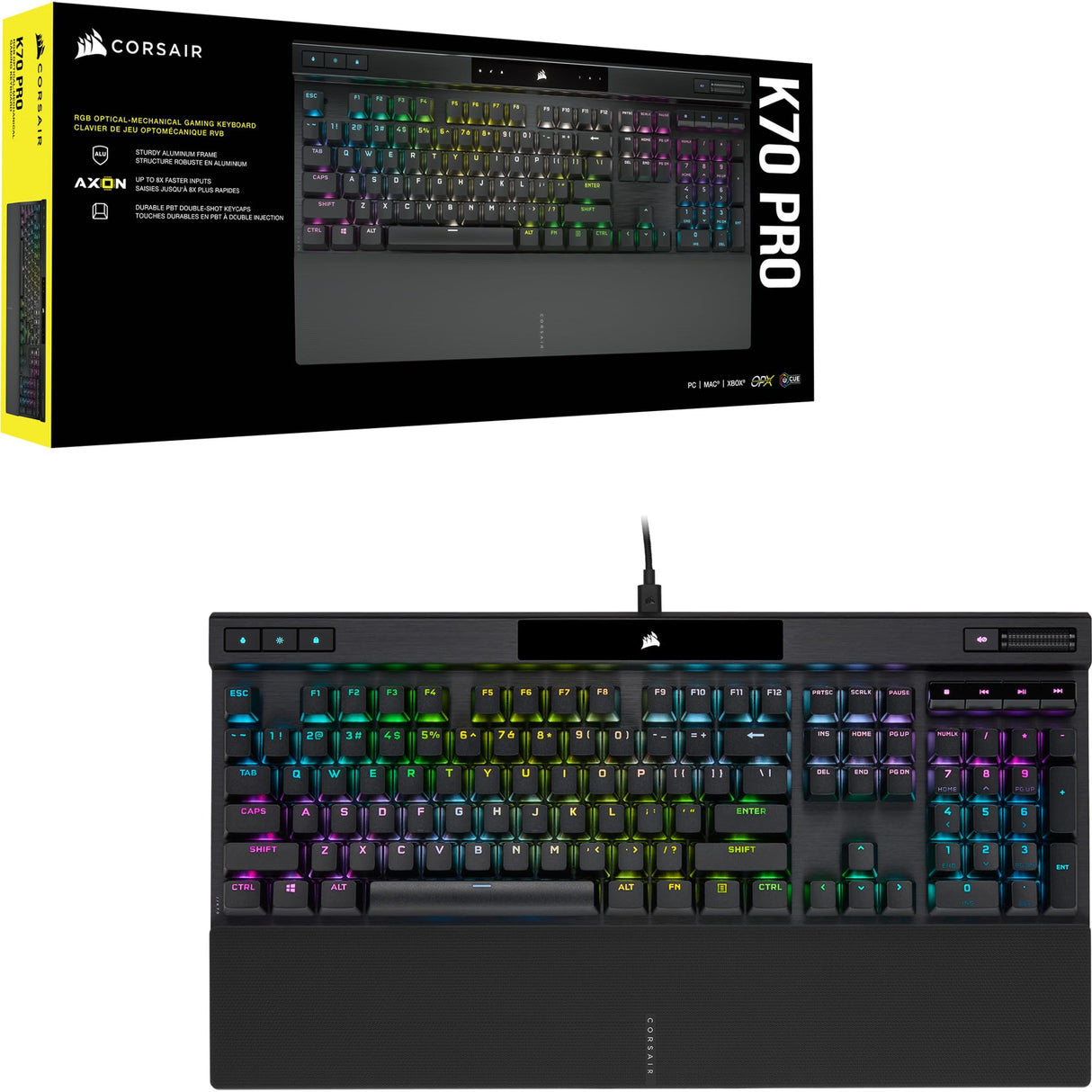 Corsair K70 Pro RGB Teclado óptico mecánico con Cable - Interruptor Lineal OPX - Teclas PBT de Doble Disparo - Compatible con iCUE - QWERTZ DE - PC, Xbox - Negro