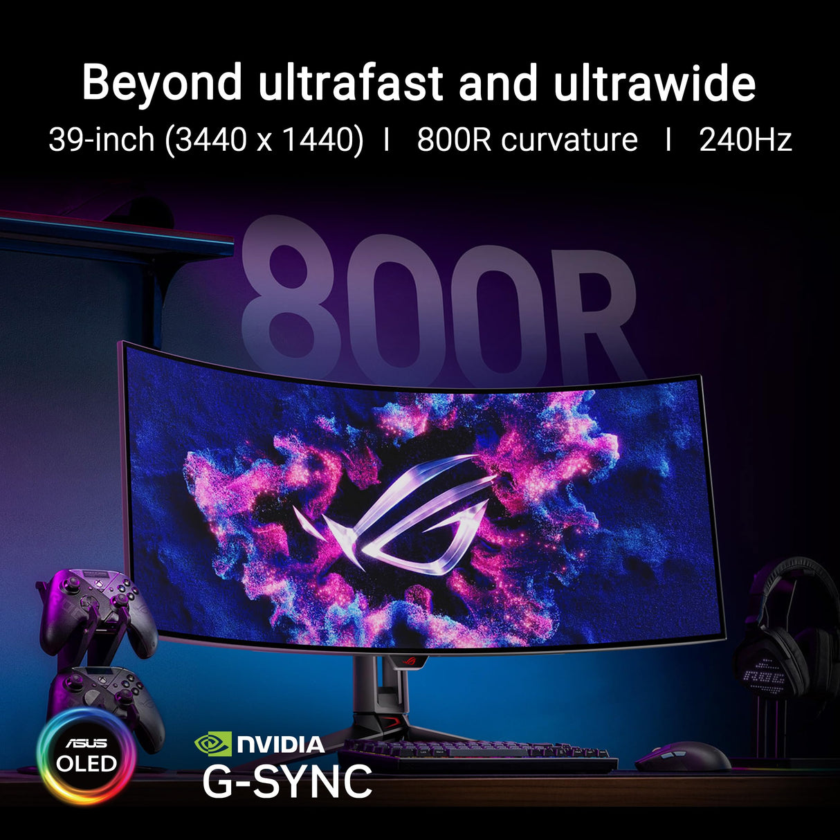 ASUS ROG Swift OLED PG39WCDM - Monitor Gaming OLED Curvo de 39 Pulgadas (3440x1440), 240 Hz, 0,03 ms, G-Sync, disipador Personalizado, ROG Smart KVM, 90 W Type-C, DisplayWidget Center